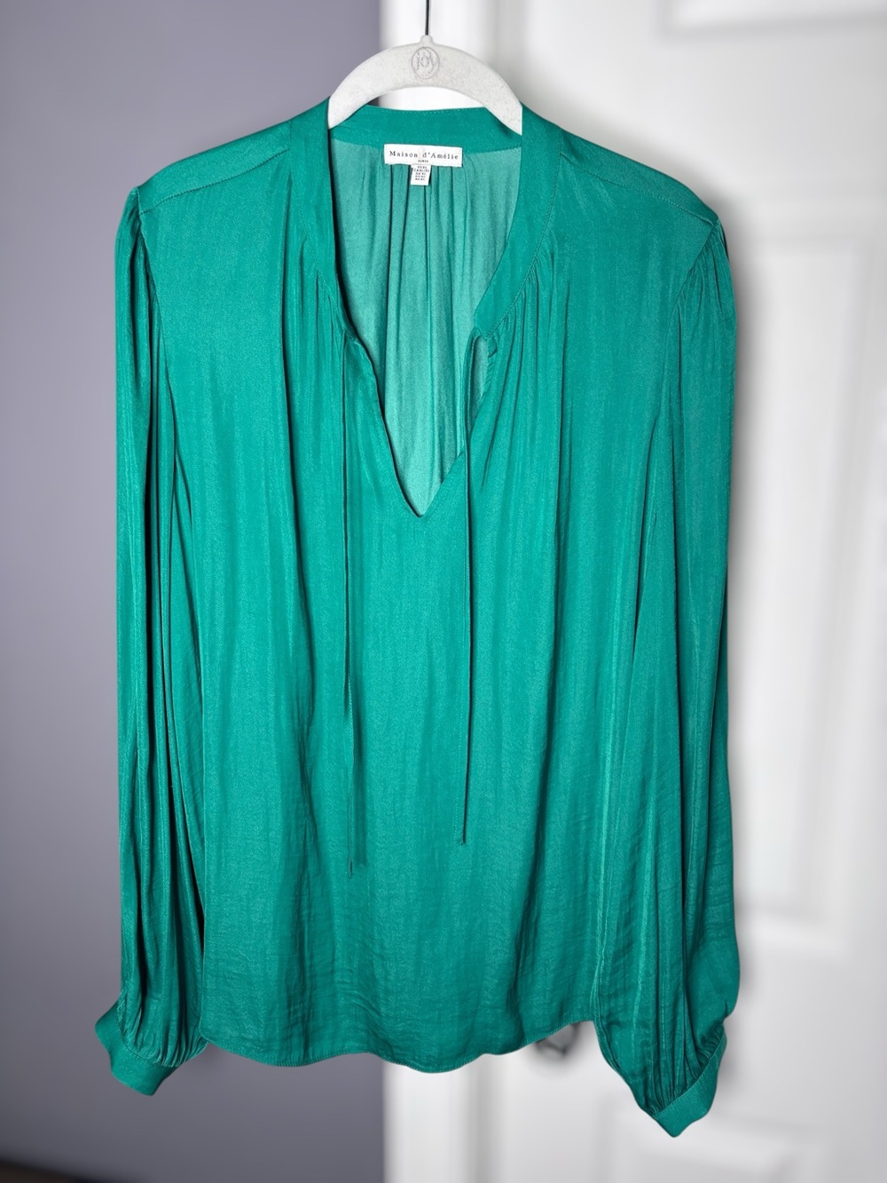 Maison d’ Amelie Emerald Green Bow V Neck Long Sleeve Blouse XL
